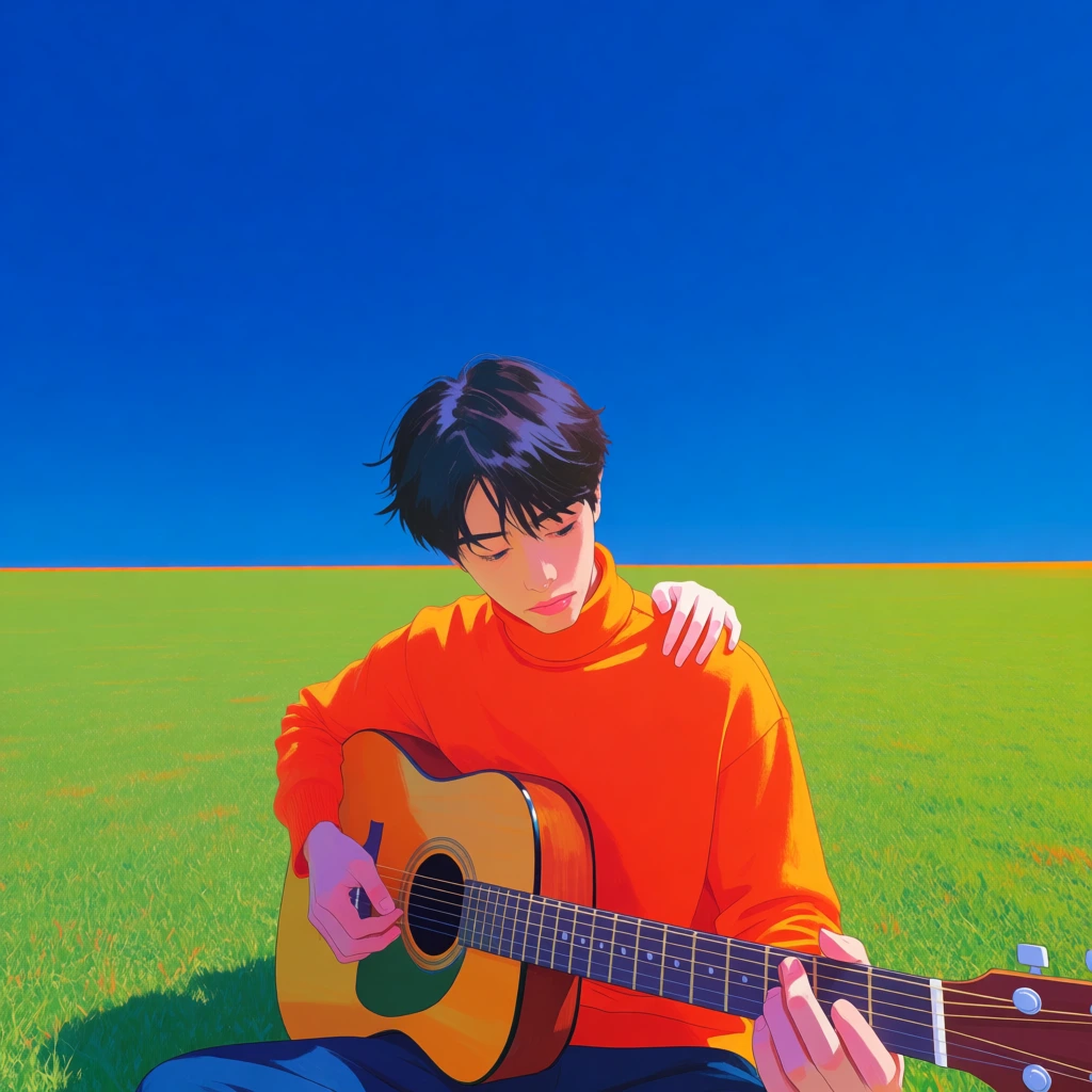 a man in a vibrant orange turtleneck playing an acoustic guitar, a pale hand rests on his shoulder, set against a flat cobalt blue sky and lime green grass, hyper-saturated primary color palette, harsh midday sun with sharp minimal shadows, ultra-clean matte surfaces, surreal liminal space aesthetic, minimalist dreamcore composition, high-key lighting, eerily perfect rendering, wide-angle perspective, low horizon line, high-signal color treatment, saturated dreamlike atmosphere