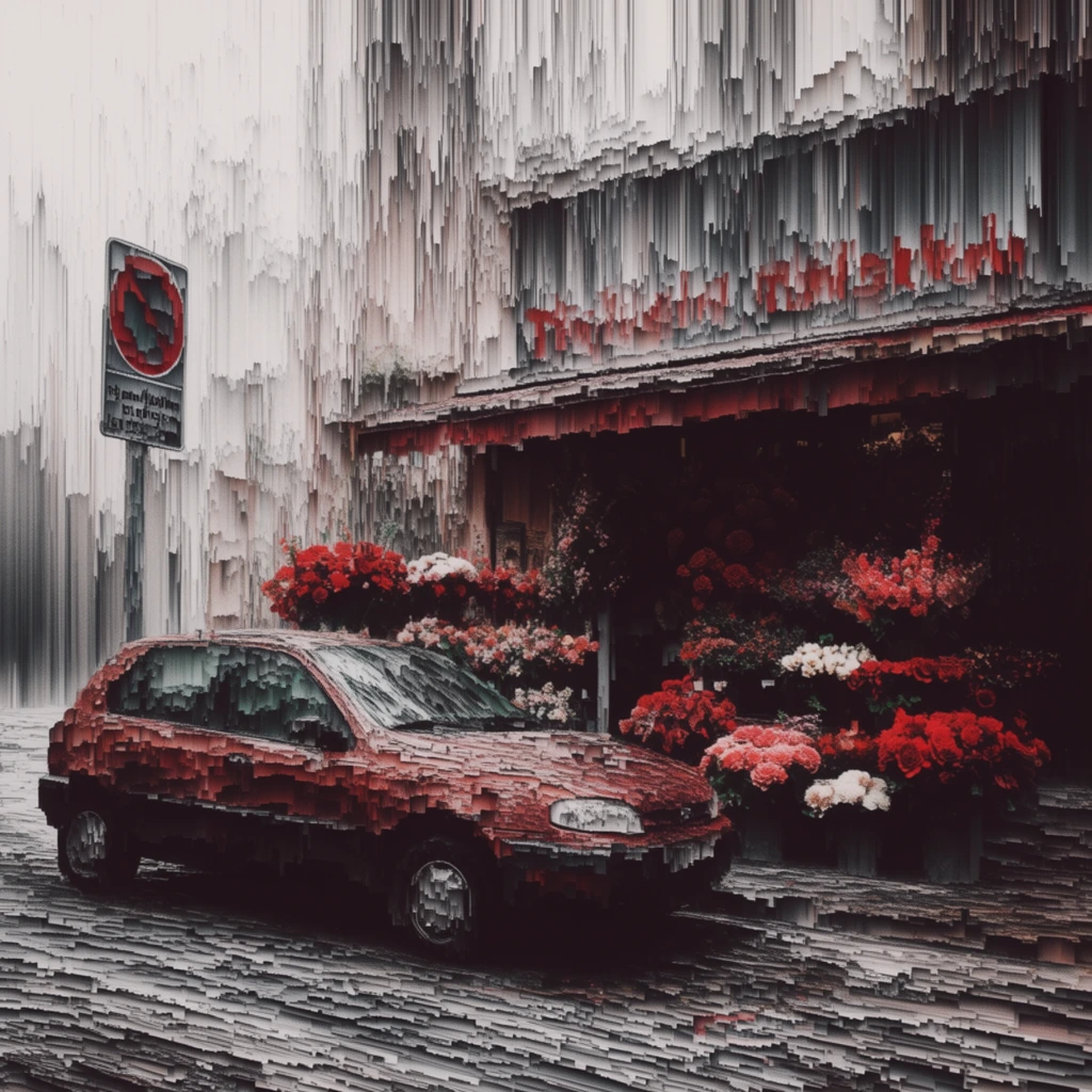 A car is parked in front of a flower shop next to a street sign, entirely rendered in a structural digital glitch aesthetic with cascading vertical pixel sorting. The contours of the vehicle, the blooming floral displays, and the architecture of the shop disintegrate into rigid, stair-stepped voxel formations and descending vertical striations. An intense, high-contrast color palette isolates vibrant rust reds and deep crimson on the flowers and focal elements against a stark, desaturated backdrop of muted greys, pale whites, and heavy charcoal shadows. The storefront facade and the adjacent sign frame are fractured by elongated, rain-like vertical streaks stretching continuously through the upper half of the composition. The ground plane beneath the car ripples with dense, horizontal, jagged digital banding. Diffuse, overcast lighting filters through the heavy vertical distortions, casting deep, geometric shadows across the blocky, fragmented textures of the street scene.