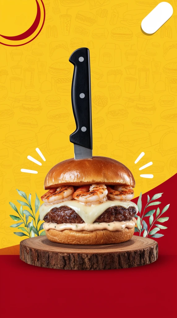 A gourmet surf-and-turf burger impaled by a black-handled knife rests on a circular wooden slab against a diagonally split yellow and red background. The towering burger features a glossy bun, grilled shrimp, melting white cheese, a thick beef patty, and creamy sauce. Watercolor-style green leafy sprigs frame the wooden board's base, while white radial dash lines accent the burger's sides. The bright yellow upper background is covered in faint line-art illustrations of fast food, contrasting with the solid deep red lower section. A floating yellow circle with a red border and a white pill shape in the corner complete the vibrant composition, seamlessly blending photorealistic culinary photography with flat graphic design elements.