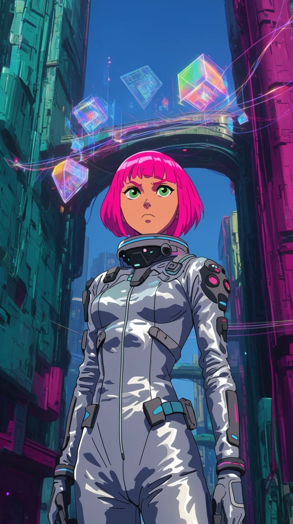 A young woman with bright pink hair in a silver spacesuit stands determinedly in a neon-lit cyberpunk street under a clear blue sky. She is flanked by towering teal and magenta metallic buildings. Floating geometric holograms and glowing wires hang above an arched walkway. Rendered in a vibrant 2D anime style with saturated colors and sharp outlines.