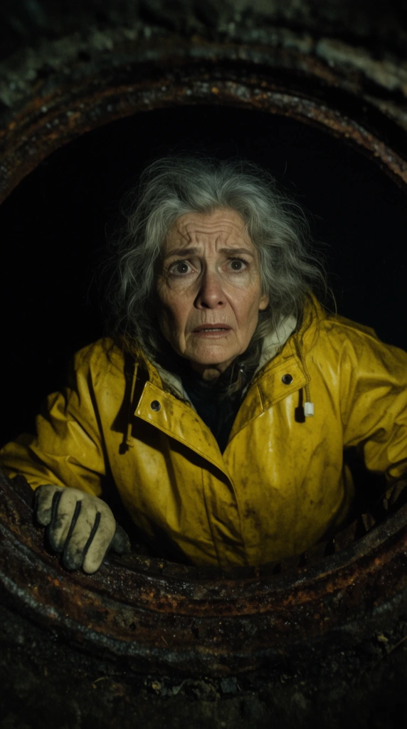 low-angle shot from absolute darkness looking up at an elderly woman peering through a rusted circular manhole, messy silver hair, anxious deeply lined face, heavy yellow waterproof slicker, one gloved hand gripping the corroded iron edge, foreground framed by the dark circular opening, background engulfed in a pitch-black void, dramatic chiaroscuro lighting, cinematic composition, deep contrast, suspenseful thriller atmosphere, grainy film texture