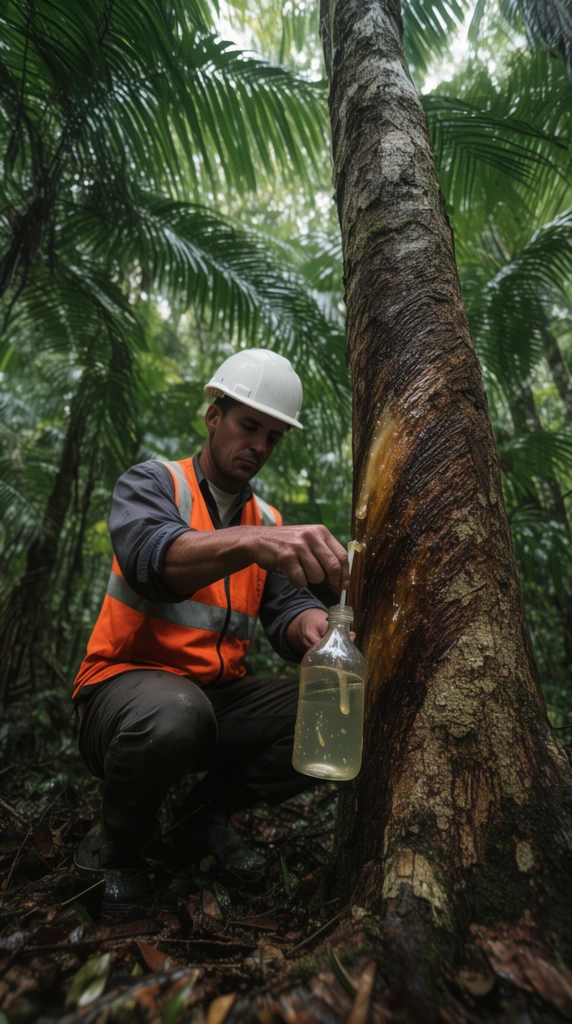worker in orange vest and white hard hat crouching by a towering tree trunk collecting sap in a clear bottle, dense rainforest, lush palm fronds, low angle