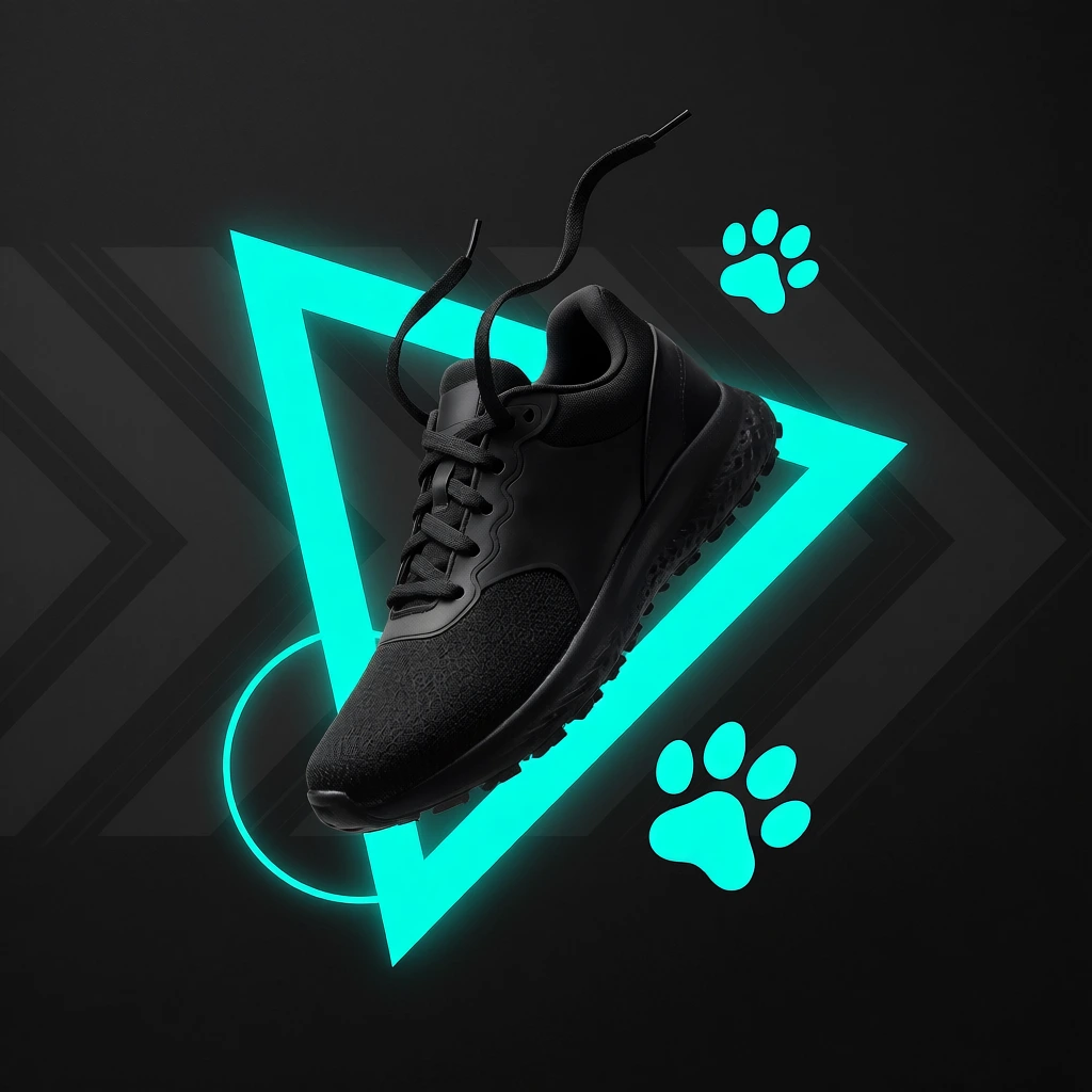 A sleek black athletic shoe suspended dynamically in mid-air against a matte charcoal background. The sneaker angles downward, featuring a textured mesh toe box, smooth side panels, and a thick treaded sole, with a loose shoelace floating upward to convey motion. A vibrant, glowing neon cyan triangle frames the shoe from behind. The dark backdrop reveals a faint, tonal chevron pattern pointing right. Bright cyan paw print graphics and a glowing circular outline accent the surrounding space, creating a high-contrast, energetic composition defined by stark geometric elements and a striking black and neon cyan color palette.