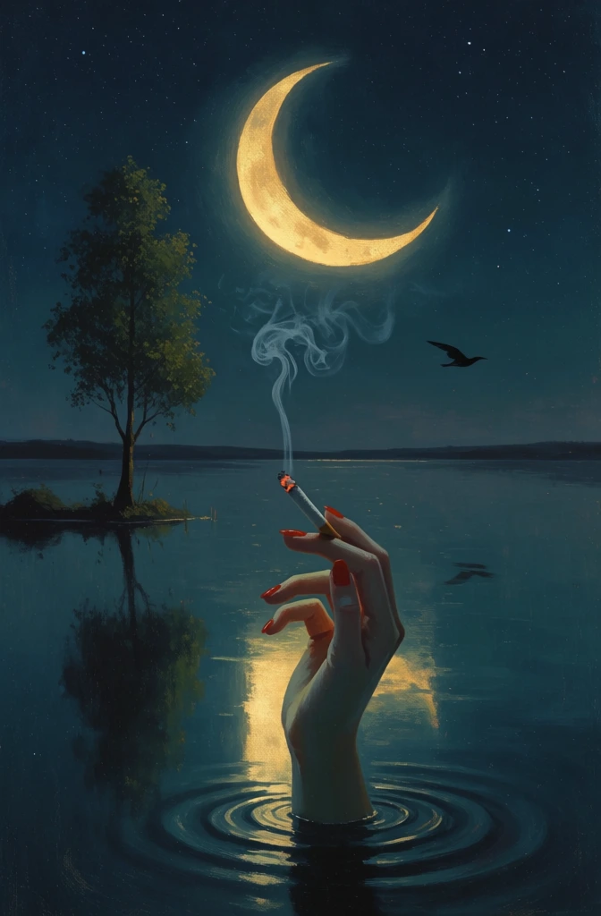 A surreal night scene features a hand with vibrant red fingernails emerging from dark water to hold a lit cigarette beneath a large, glowing crescent moon. In the foreground, the pale hand rises vertically from the water’s surface, its wrist submerged as concentric ripples spread outward. The hand holds a cigarette between the index and middle fingers, with a glowing orange tip that emits a thin, wispy trail of white smoke curling upward. To the left, a solitary, slender tree with dense green foliage stands on a small, dark peninsula, its elongated shadow and form reflected in the calm water below. A large, luminous golden crescent moon dominates the upper center of the composition, casting a bright, vertical shimmering reflection across the water that aligns with the hand and the cigarette. In the middle ground to the right, a single dark bird silhouette flies horizontally through the air. The vast body of water stretches to a low, dark horizon line, beneath a deep indigo sky filled with numerous tiny, faint stars. The artistic style is dreamlike and painterly, utilizing a low-key lighting scheme where the primary light sources are the radiant yellow moon and the soft embers of the cigarette. The color palette is characterized by deep teals and navy blues, punctuated by the high-contrast golden yellow of the moon and the saturated red of the nail polish.