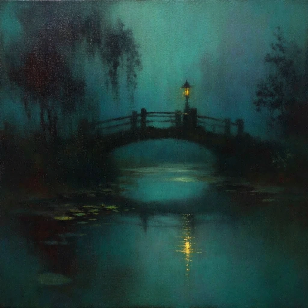 tonalist oil painting, atmospheric nocturne, moody teal and indigo palette, painterly texture with visible canvas weave, soft-focus sfumato edges, weathered arched stone bridge spanning a still pond with lily pads, silhouetted against a hazy glowing turquoise sky, single warm golden lantern light on the bridge reflecting a sharp shimmering glint in the dark water, ethereal mist, mysterious and serene mood, high-contrast glow against deep emerald and black shadows.