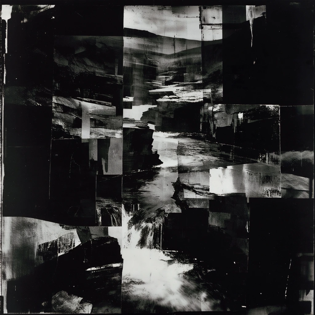 deconstructed high-contrast black and white photomontage, rocky gorge with a rushing stream, collage of fragmented rectangular slivers, jagged stone and whitewater overlapping in a chaotic grid, distressed film textures, heavy grain, chemical streaks, deep noir-ish blacks, blown-out whites, tactile drips, rough scratched edges, abstract analog aesthetic, experimental darkroom techniques, layered composition with offset segments of landscape, textured gritty atmosphere