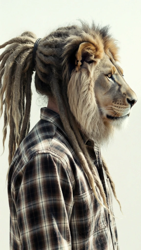A profile view of a humanoid figure features a lion's head with a mane styled into long dreadlocks and wearing a plaid shirt against a plain background. The central figure is depicted from the waist up in a right-side profile, with the head of a mature lion showing tan and gray fur, a closed mouth, and a calm expression. The lion's mane transitions into thick, light sandy brown and gray dreadlocks that are gathered and tied into a large, voluminous ponytail with a thin dark cord, with several strands hanging down past the shoulder. The figure wears a button-down flannel shirt featuring a checkered pattern of dark brown, black, and white lines. This digital composite image blends animal and human features with a realistic texture, set against a flat, off-white, neutral background. The composition is a close-up portrait at eye level, utilizing bright and diffuse lighting that creates soft highlights on the lion's fur and the fabric of the shirt. The color palette is muted and dominated by earthy tones like tan, gray, and brown, contributing to a somber and artistic aesthetic.