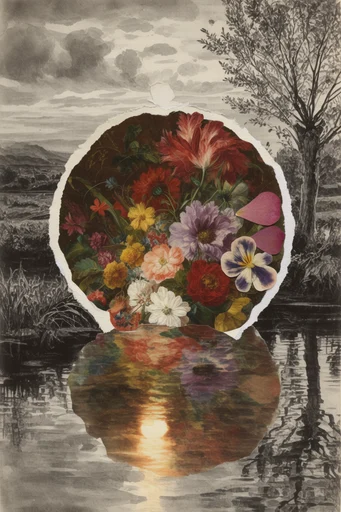 Antiquarian Surrealist Collage style AI image example 2