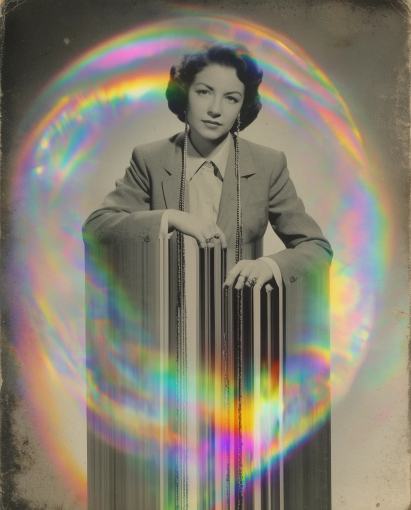 A vintage, surreal mixed-media portrait of a woman wearing a suit jacket and a collared shirt, heavily distorted by extreme downward vertical stretching and intersected by a vibrant, iridescent rainbow halo. Centered in the composition, the woman is rendered in the muted, grainy tones of mid-century archival photography, with her tailored suit and crisp collar showing low-contrast midtones. Very long chain earrings dangle from her ears, and multiple rings adorn the fingers of her positioned hands. The lower sections of her body, clothing, and the descending chain earrings are dramatically dragged straight down into continuous, solid vertical columns that extend entirely off the bottom edge, resembling a physical slit-scan or pixel-sorting glitch. Overlaid across the figure and these elongated vertical striations is a massive, semi-transparent holographic ring of spectral light, projecting intense, curved bands of magenta, cyan, yellow, and bright green chromatic interference. The entire composition features the tactile aesthetic of an aged, weathered photograph, complete with heavy analog film grain, distressed and darkened edges, and a faded matte finish that sharply contrasts with the brightly saturated, psychedelic light leaks bleeding across the elongated forms.