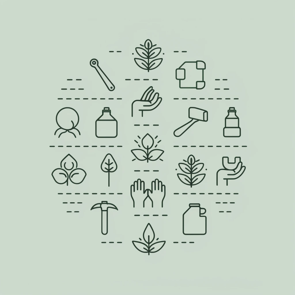 circular arrangement of dark green monoline icons, light sage green background, outline drawings of tools, nature, hands, interspersed horizontal dashed lines, flat vector illustration