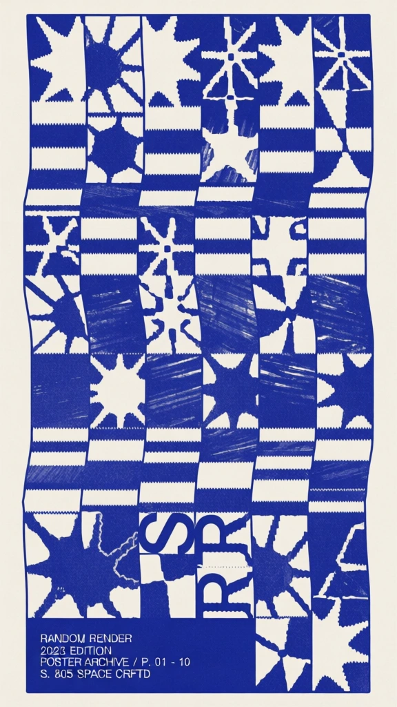 high-contrast ultramarine blue and cream palette, geometric op-art abstraction, rectangular background featuring stylized stars and a sun, rendered through a distorted grid of staggered vertical blocks and aliased edges, visible marker-like texture with subtle pen strokes, optical vibration created by rhythmic offsets and varying line weights, minimalist two-tone graphic aesthetic, screen-printed quality with organic imperfections, clean brand agency style