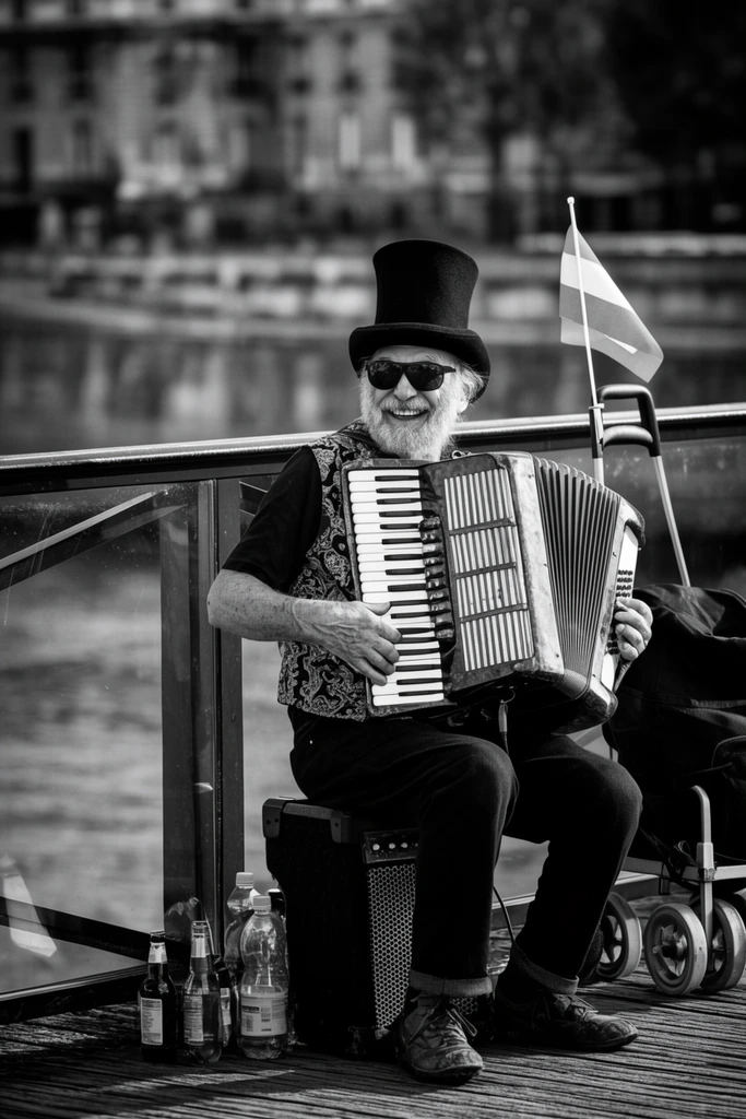A black and white street portrait of an elderly bearded man playing an accordion on a wooden boardwalk. Wearing a tall top hat, sunglasses, and a patterned vest, he sits on a compact amplifier. Beside him is a utility cart bearing a small flag, with scattered beverage bottles at his feet. A metal railing spans the midground, backed by a softly blurred river and stone architecture. The high-contrast photograph utilizes a shallow depth of field to sharply isolate the joyful musician.