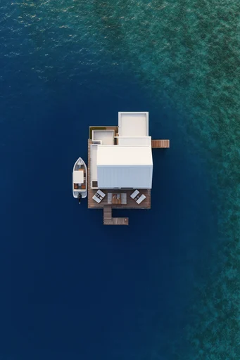 Aerial Oceanic Minimalism style reference image — deep blue and turquoise palette