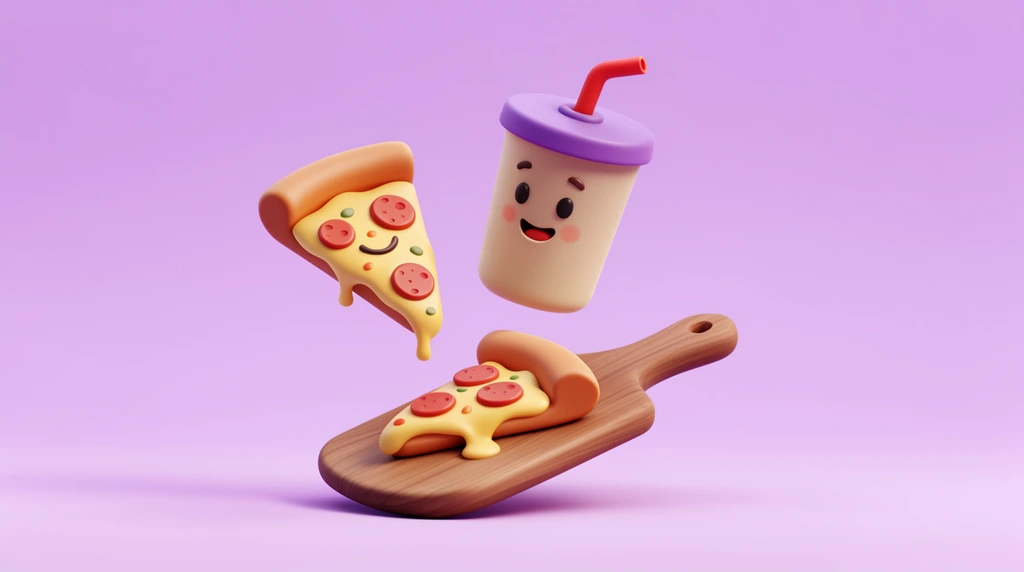 A stylized 3D render of playful food items against a seamless pastel purple background. A smiling pizza slice floats beside a suspended beige cup with a purple lid and red straw. Below, a wooden serving paddle holds a second slice of pepperoni pizza with melting cheese. Smooth matte textures, soft lighting, and a cheerful aesthetic.