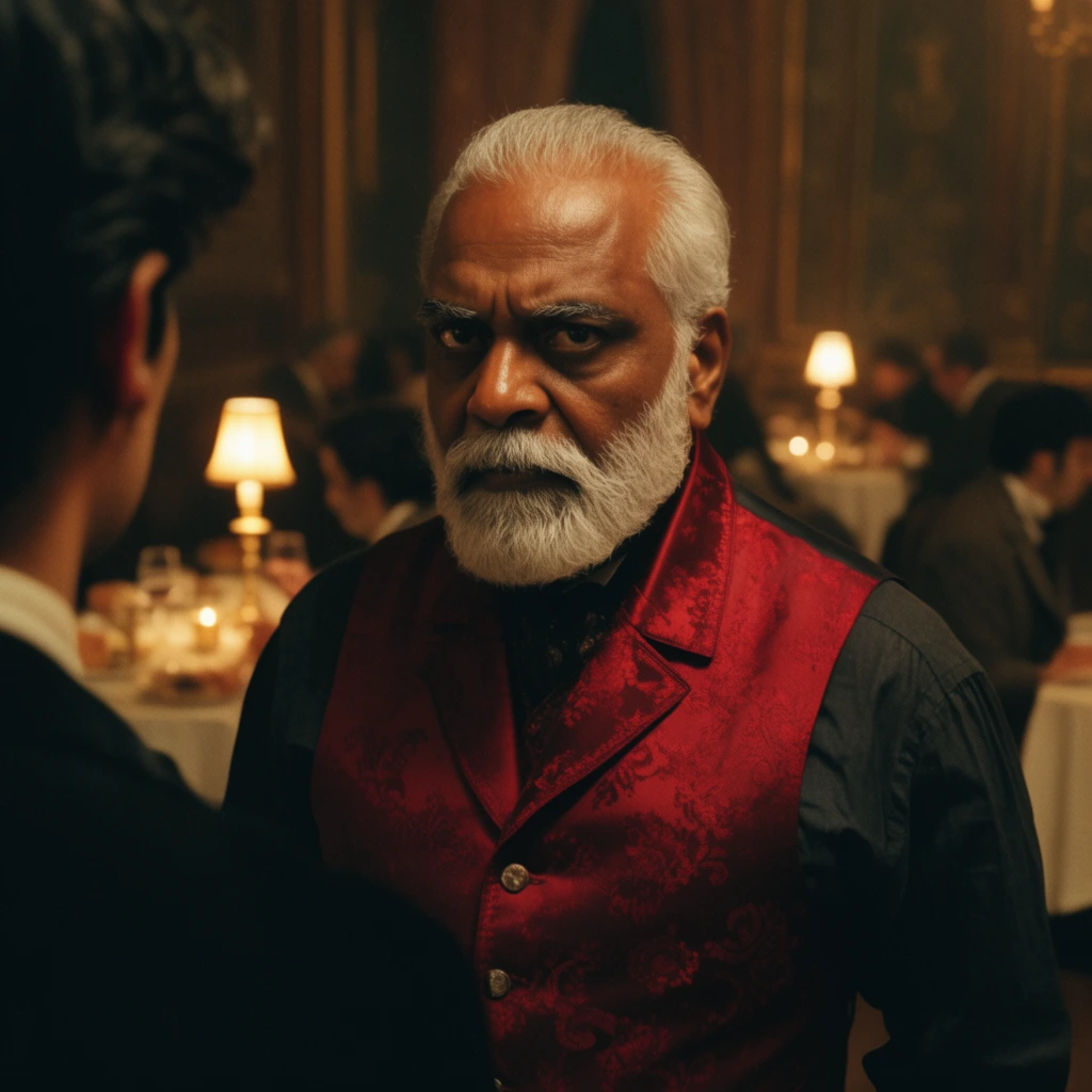 robust older South Asian man with white beard, intense gaze, crimson silk waistcoat, dark shirt, over-the-shoulder view of dark-haired companion, dimly lit opulent dining room, blurred background figures at tables, warm glowing table lamps, cinematic lighting, dramatic shadows, shallow depth of field, warm color palette, 35mm film aesthetic