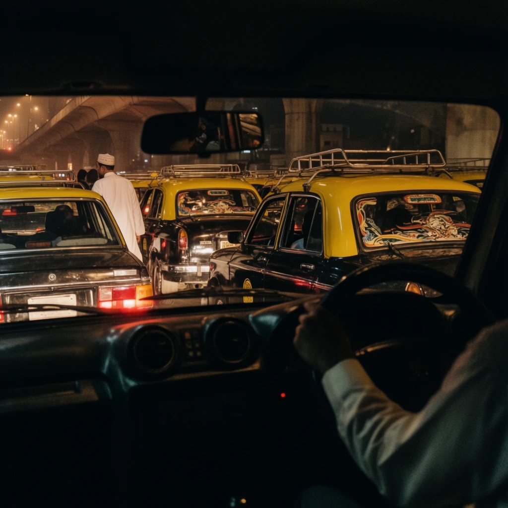 A nighttime first-person view from inside a darkened vehicle looking through a windshield at a dense traffic jam of black and yellow taxis. In the shadowed foreground, a driver's arm in a light long-sleeved shirt grips a right-hand steering wheel above circular dashboard vents. Beyond the glass, the street is choked with vehicles, featuring a classic boxy sedan on the left alongside rounded hatchbacks with metal roof racks. The taxis have intricate painted designs on their rear windows, and glowing red brake lights cast warm reflections across the metal exteriors. A pedestrian in a white traditional tunic and cap weaves through the tight gridlock on the left. The background reveals the massive concrete structure of an elevated roadway, bathed in the warm yellowish haze of distant street lights. The composition evokes a cinematic, moody documentary style with deep shadows, high contrast, and slight film grain.