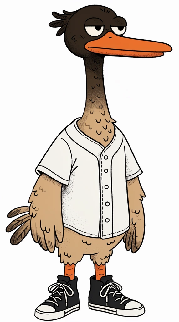 anthropomorphic bird character, long neck, flat orange bill, unamused side-eye expression, dark brown head feathers, tan feathered body, white short-sleeve baseball jersey, black high-top sneakers, 2D cartoon illustration, character design, clean black linework, flat coloring, stippled shading, isolated on solid white background