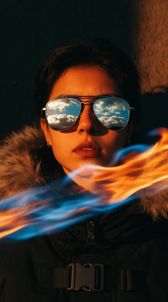Close-up cinematic portrait of a person in mirrored aviator sunglasses reflecting clouds. They wear a black winter jacket with a fur-lined hood and chest buckle. A streak of blurred blue and orange fire slashes horizontally across the foreground. Dramatic amber lighting illuminates the face against a deeply shadowed wall.