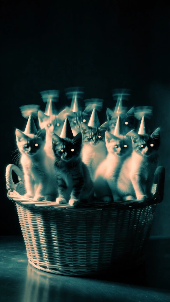 cinematic long exposure photograph of eight kittens wearing hats inside a woven wicker basket, high contrast dramatic lighting against a deep black void, ethereal motion blur with ghostly streaking light trails, heavy film grain texture, minimalist composition centered in a pool of glowing cyan light, long dramatic shadows, muted teal and pale amber color palette, soft focus dreamlike atmosphere, surrealist aesthetic, low angle perspective, lo-fi vintage photography style