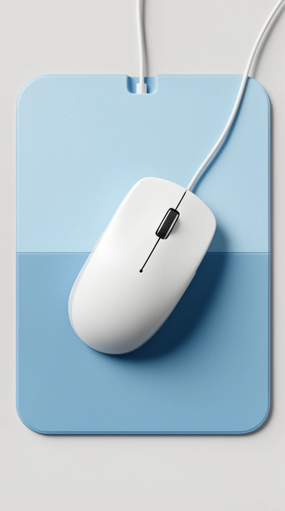 white wired computer mouse with a black scroll wheel, resting diagonally on a two-toned light blue rectangular mousepad with rounded corners, a white cord extends from a cutout on the top edge of the pad, light gray background, top-down flat lay perspective, minimalist product photography, soft studio lighting, crisp drop shadows