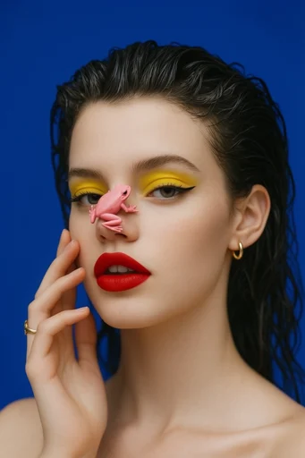 Hyper-Glossy Surrealist Pop style reference image — porcelain skin texture