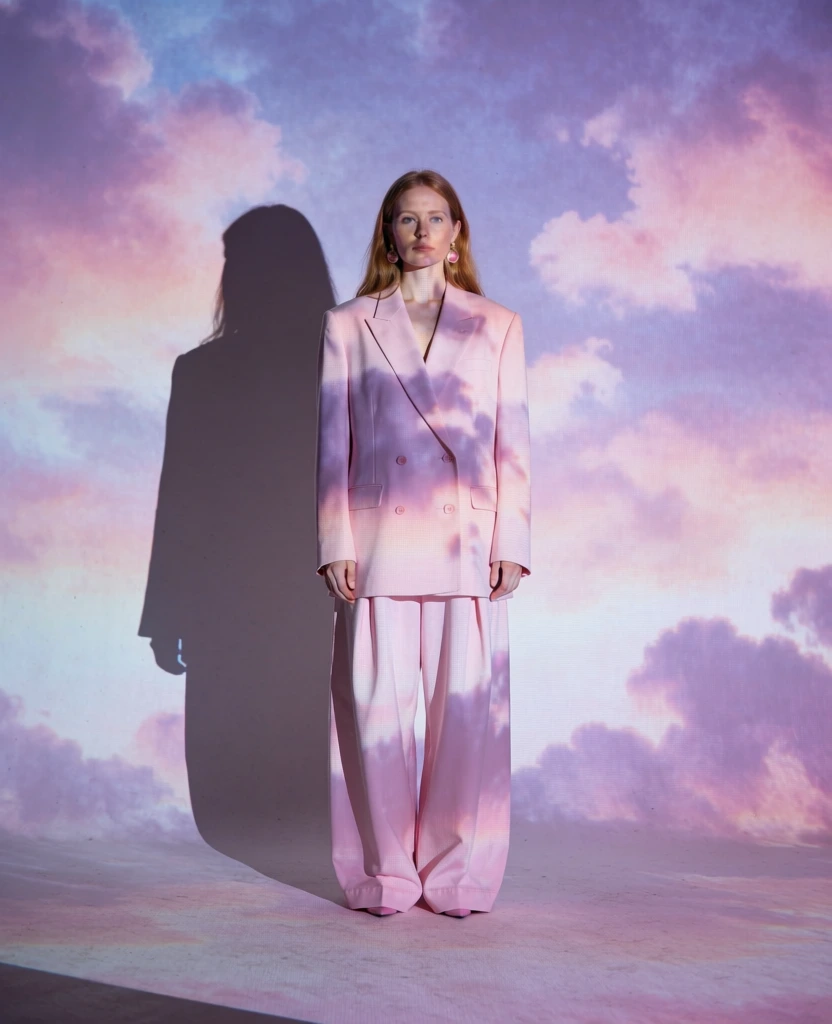 A woman with long, straight strawberry-blonde hair stands centered in a studio setting, wearing an oversized, light pink double-breasted suit consisting of a blazer with notched lapels and matching wide-leg trousers that bunch slightly at her feet. She wears large, circular pinkish-gold earrings and light-colored pointed-toe shoes, maintaining a neutral expression while facing the camera directly with her arms resting at her sides. A projection of a cloudy sky in shades of lavender, pastel pink, and soft blue is cast over her entire body and the wall behind her, creating an ethereal overlay of swirling cloud textures. To the woman's left, a distinct, dark silhouette shadow of her form is projected onto the wall, contrasting with the soft, luminous colors of the cloud projection. The scene is set against a plain backdrop where the wall meets the floor, both of which serve as a canvas for the projected light. The overall aesthetic is a high-fashion portrait with a surreal, dreamy atmosphere, characterized by a soft-focus quality, a pastel color palette, and a frontal, eye-level perspective.
