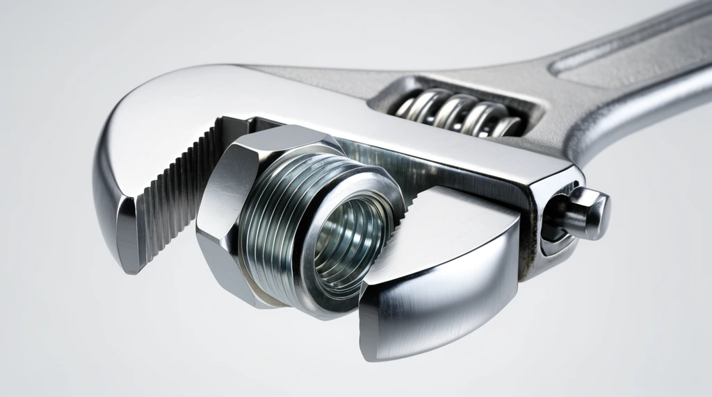 macro close-up of a silver adjustable wrench gripping a threaded hexagonal nut, brushed and polished steel, complex mechanical joint, bright studio lighting, light gray background, industrial product shot