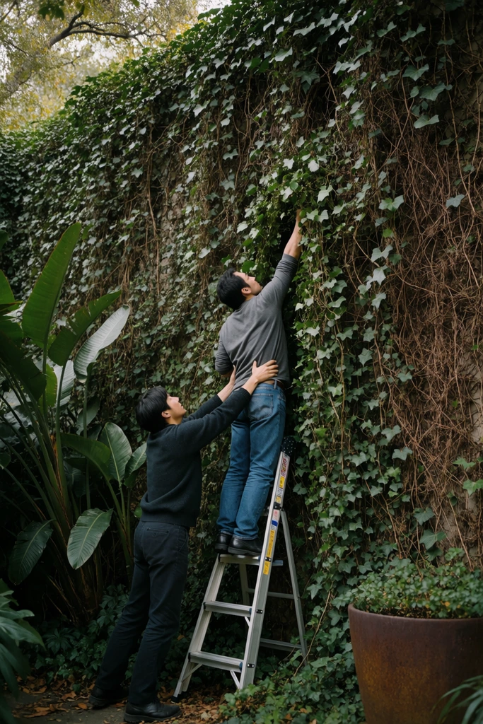 Two people interact with a dense, overgrown wall of ivy, with one standing on an aluminum step ladder reaching high into the foliage while the other spots them from below. The person on the ladder wears a grey long-sleeve shirt, blue jeans, and black shoes, with his right arm fully extended into a thick tangle of brown vines and green ivy. Below, a person with dark hair in a dark sweater and trousers reaches up to firmly hold the climber's waist for support. The massive vertical wall of vegetation dominates the background. Broad-leafed tropical plants frame the left side, and a rustic brown planter sits in the lower right corner. The scene is captured in a cinematic wide shot with natural, diffused daylight, emphasizing a rich, earthy color palette of greens and browns.