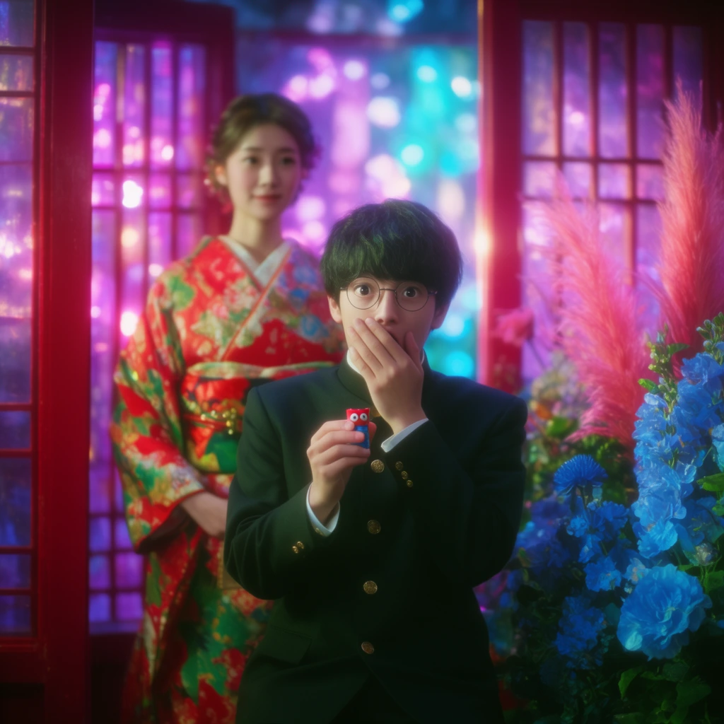 A young man in a dark uniform and round glasses covers his mouth in surprise, holding a small red and blue object. Softly focused behind him, a woman wears a vibrant red and green floral kimono. The scene is framed by red lattice doors brilliantly backlit by glowing neon purple, pink, and cyan light. Lush blue blooms and pink plumes sit to the right. Cinematic composition featuring hyper-saturated colors, striking blooming highlights, and shallow depth of field.