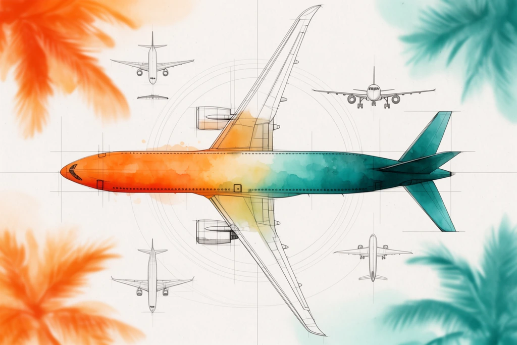 A top-down technical schematic of a commercial airplane featuring a vibrant watercolor gradient that transitions from bright orange at the nose to deep teal at the tail. Smaller orthographic line drawings surround the central aircraft on a textured off-white background intersected by precise drafting lines and concentric circles. Softly blurred palm fronds in matching orange and teal hues frame the four corners, blending rigid architectural drafting with a loose, sun-drenched tropical aesthetic.