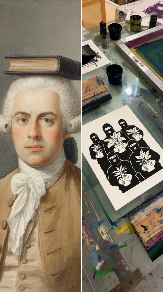 A side-by-side diptych contrasting two distinct visual mediums. The left panel features a classical watercolor portrait of an eighteenth-century man wearing a white powdered wig, cravat, and tan jacket, stoically balancing a thick dark book on his head against a flat grey background. The right panel captures a messy, ink-splattered screen-printing workspace. Centered on the glass table is a fresh paper print displaying a bold black-and-white graphic silhouette of five balaclava-clad figures holding potted houseplants, surrounded by ink pots, squeegees, and a framed printing screen.