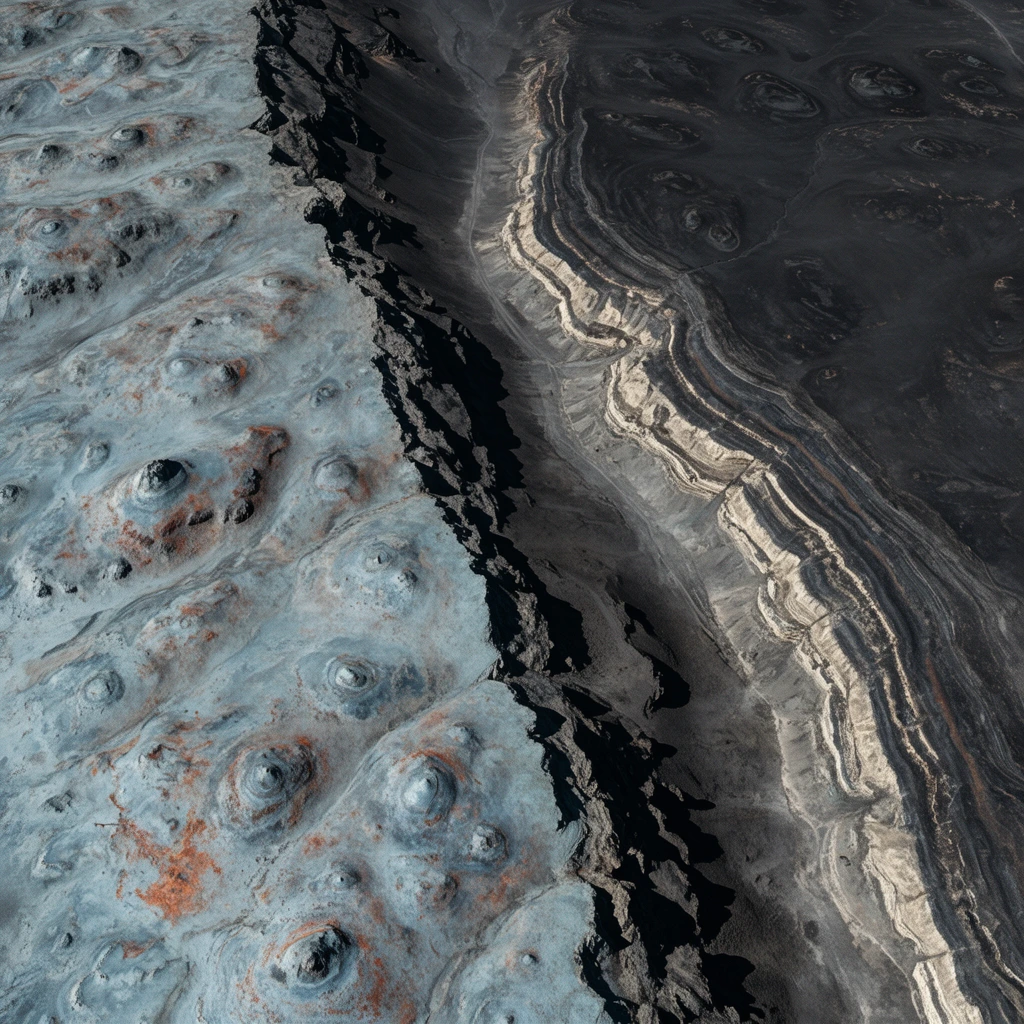 An aerial top-down view of a rugged, barren landscape divided by a sharp diagonal cliff. The left features pale blue-gray, rust-tinged cratered terrain, while the right displays dark charcoal plains with banded light bedrock. Harsh sunlight casts deep shadows along the ridges, highlighting the highly textured, alien-like topography.