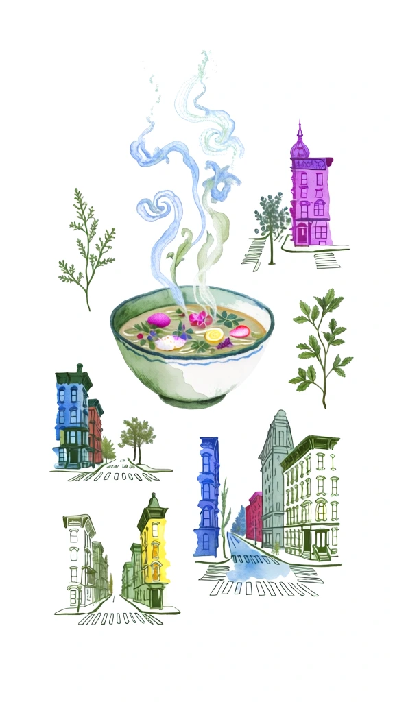 botanical field-guide illustration style, delicate ink outlines, soft watercolor washes, isolated on a stark white background, a steaming ceramic bowl of broth with swirling vapor, floating above miniature city street vignettes including brownstones and traffic intersections, loose grid arrangement, organic tapering lines, desaturated slate and brick urban palette, vibrant culinary highlights, fine paper texture, minimalist composition, airy negative space, flat depth, stippled shading.