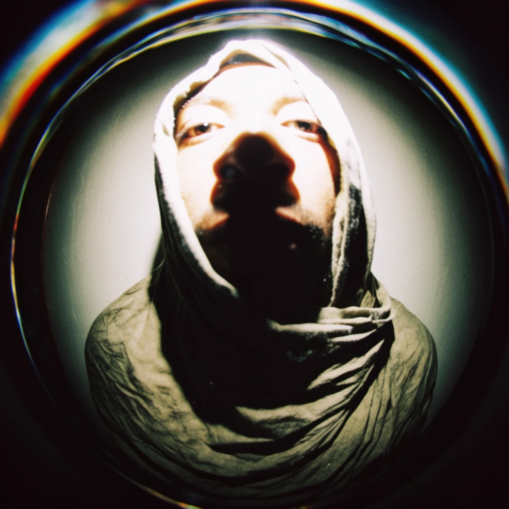 A person's face and upper torso centered against a dramatically curved, plain background, captured through the extreme bulging distortion of a circular fisheye lens. A draped hooded garment or shroud heavily covers the person's head, neck, and shoulders. Harsh, direct frontal flash lighting strikes the upper portions of the shroud, producing stark, blown-out highlights and casting the lower portion of the person's face into deep, solid black shadow. The composition is tightly framed by a heavy, stark black circular vignette inherent to the ultra-wide focal length. The visual aesthetic is a raw, high-contrast, high-saturation snapshot, characterized by sharp central details, gritty textures, and prominent chromatic aberration bleeding along the warped, spherical edges of the frame.