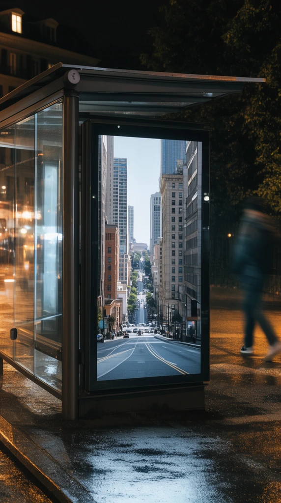 glowing glass bus shelter billboard on a dark urban street at night, illuminated vertical display showing a steep daytime city avenue with high-rises, wet asphalt reflecting warm ambient streetlights, modern metal structure, blurred pedestrian passing by dark foliage on the right, high contrast realistic street photography