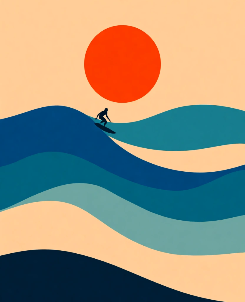 surfer at sunset over abstract waves, minimalist graphic poster, bold retro coastal vibe