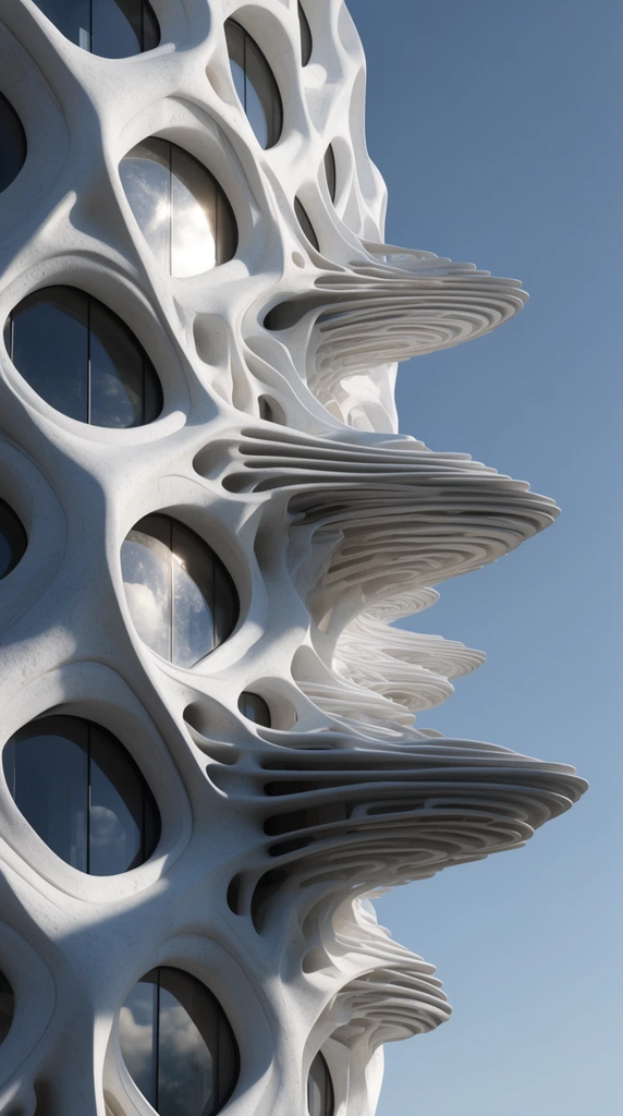close-up of a futuristic building exterior, complex organic architectural design, white undulating textured concrete facade, intricate web-like structure, large asymmetrical openings, recessed dark glass windows reflecting sunlight and sky, protruding horizontal layered ribbed forms resembling alien coral or bone structures, deep shadows cast by the complex geometry, dramatic lighting, low angle shot looking up, clear blue sky background, hyper-realistic architectural visualization, parametric design aesthetic, smooth transitions between structural elements