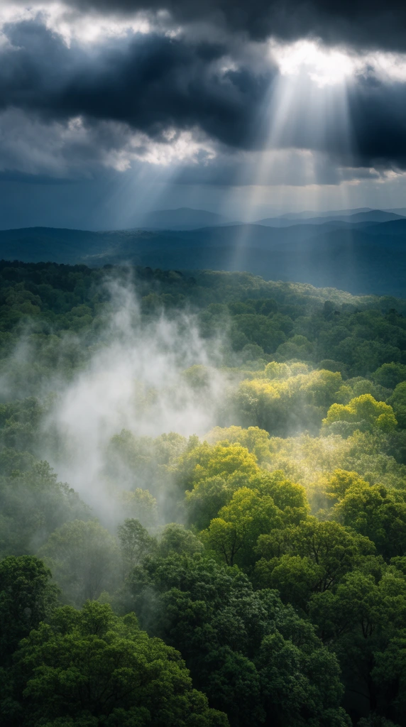 dense forest canopy from an elevated perspective, wispy white fog rising off lush green treetops, dramatic sunbeams piercing through heavy dark storm clouds, god rays illuminating patches of bright yellow-green foliage, distant rolling blue mountains fading into a hazy horizon, atmospheric landscape photography, moody lighting, high contrast nature documentary style