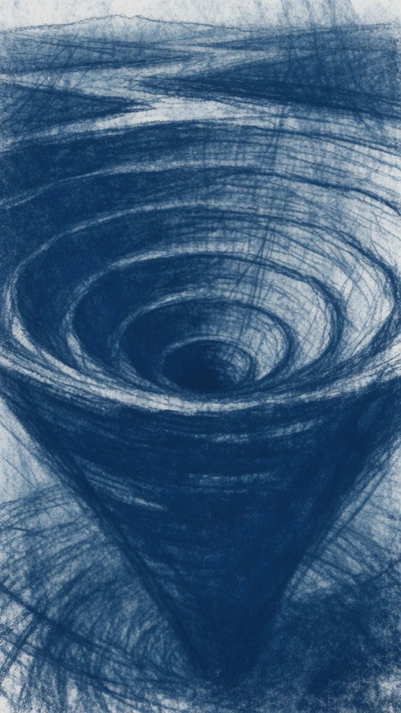 monochromatic deep cobalt blue cyanotype aesthetic, high-angle perspective of an enormous inverted conical pit with descending concentric terraced rings, rendered with raw and frantic scribbled charcoal line work, heavy stippled noise and high-iso film grain, ethereal glowing highlights emanating from the terraced edges, soft hazy bloom, distressed analog paper texture, loose gestural scratching, atmospheric lo-fi quality, minimalist composition centered in a dark grainy matte void