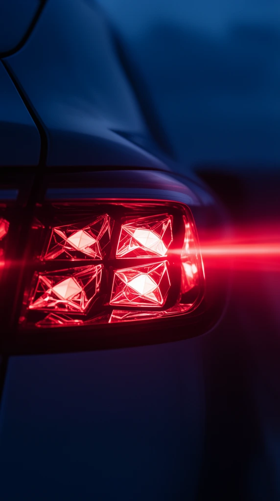 A close-up automotive macro shot of a modern car's illuminated red taillight. The intricate housing features faceted geometric LED structures glowing with intense crimson light. A horizontal red flare trails to the right across the sleek, dark body panels. The deep blue ambient background creates a dramatic, high-contrast cinematic atmosphere emphasizing high-tech design and low-key lighting.