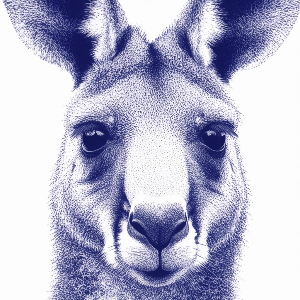 A monochromatic close-up portrait of a kangaroo face rendered entirely through intricate dark blue stippling on a stark white background. The prominent ears are cropped at the top edge above large dark eyes and a contoured snout. Varying dot density creates deep shadows around the eyes and beneath the chin, while sparser dots form bright highlights across the forehead. The illustration employs a classic halftone pointillism technique, mapping uniformly sized dark indigo dots along the animal's facial contours to simulate three-dimensional fur texture in a high-contrast graphic style.