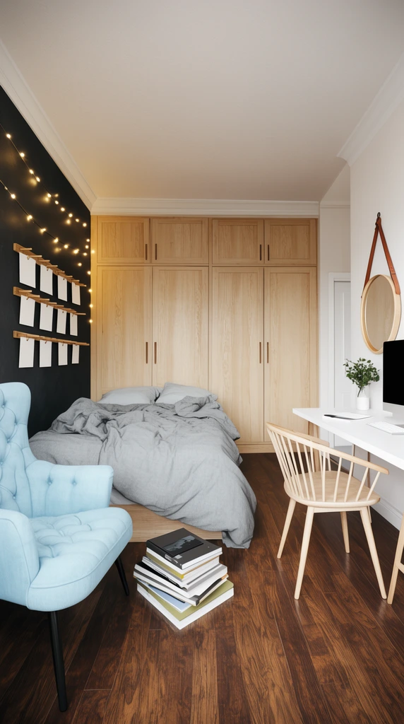 A brightly lit modern studio apartment featuring a light blue tufted armchair and a stack of books on dark wood floors. An unmade bed with grey linens sits against a dark accent wall displaying blank cards on wooden pegs and string lights. Light wood wardrobes fill the back wall. A white desk, flat monitor, spindle chair, and strap-hung round mirror line the right side. The photorealistic architectural rendering combines warm wood tones with cool grey accents.