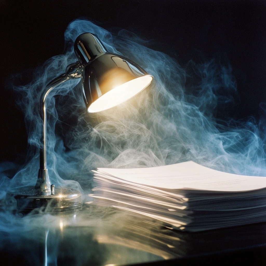 A glossy metallic desk lamp casts an intense, warm beam onto a pristine stack of papers resting on a highly reflective dark desk, entirely enveloped in ethereal, swirling tendrils of cool-blue translucent smoke. The striking chiaroscuro composition isolates the vividly illuminated lamp and papers against a pitch-black void, highlighting the sleek curves of the lamp and the crisp, layered edges of the paper stack. Ghostly, fibrous wisps of semi-transparent mist weave dynamically around the metallic hardware and cascade across the documents, creating a surreal, high-contrast atmospheric effect. The glossy desk surface mirrors both the warm central glow and the icy cyan tones of the surrounding smoke. Captured with high-end editorial photography aesthetics, the framing features a sharp focal point on the lighted objects with a slightly shallow depth of field blurring the foreground mist, finished with cinematic lighting and subtle analog film grain in the deepest shadows.