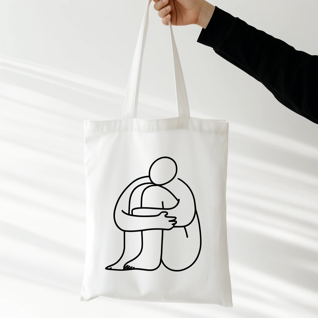 White canvas tote bag held by a hand entering from top right, solid black long sleeve, bag features a minimalist black line art drawing of a curled abstract figure hugging its knees, plain white wall background, soft diagonal cast shadows, bright minimalist product photography