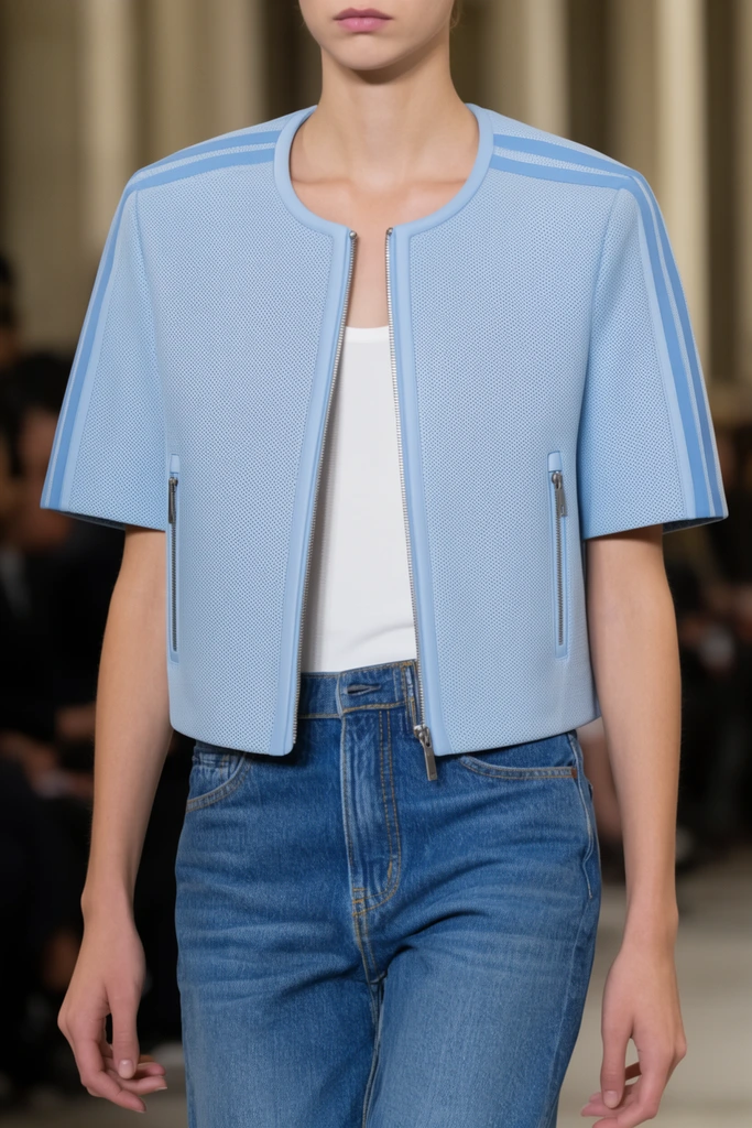 A close-up fashion runway shot focuses on the torso of a slim model wearing a pastel blue short-sleeved jacket. The cropped outerwear features a smooth round neckline, a partially unzipped silver front zipper, and vertical zippered side pockets. Its fabric exhibits a fine, uniform perforated texture accented by solid, darker blue stripes running down the shoulders and sleeves. Underneath, a plain white scoop-neck shirt pairs with medium-wash blue denim jeans displaying prominent yellowish stitching. The framing isolates the model from the lower face down to the upper thighs. A shallow depth of field heavily blurs the background, revealing soft dark shapes of a seated audience on the left and vertical beige architectural columns on the right. Crisp, even lighting emphasizes the intricate mesh-like material of the jacket.