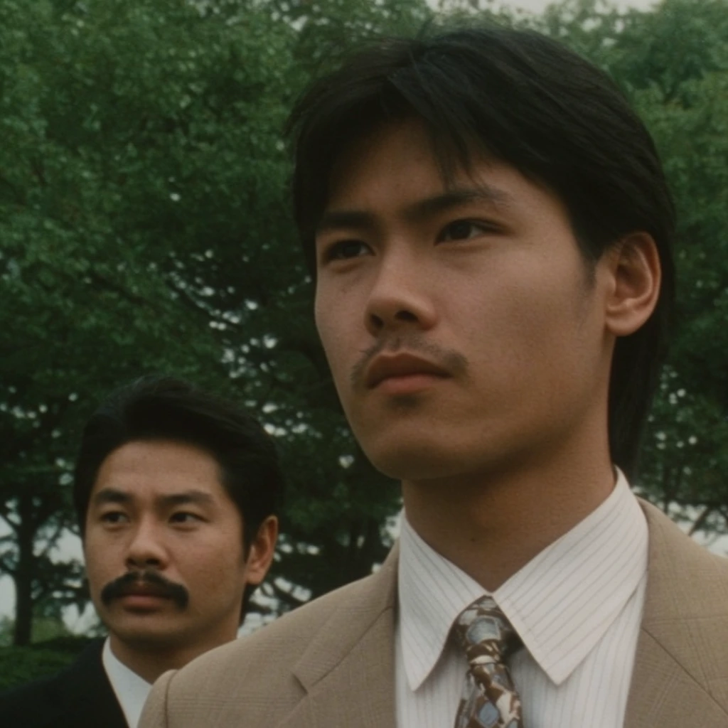 A young Asian man in a tan suit jacket, subtly striped white shirt, and patterned tie occupies the right foreground in a cinematic medium close-up. He has dark parted hair and a faint mustache, gazing intently off-camera with a serious expression. In the lower left background, slightly out of focus, a second Asian man with a thicker mustache wearing a black suit looks in the same direction. Dense, lush green trees fill the backdrop under soft, diffused daylight. The composition features a shallow depth of field, prominent film grain, muted contrast, and a nostalgic 35mm film aesthetic.