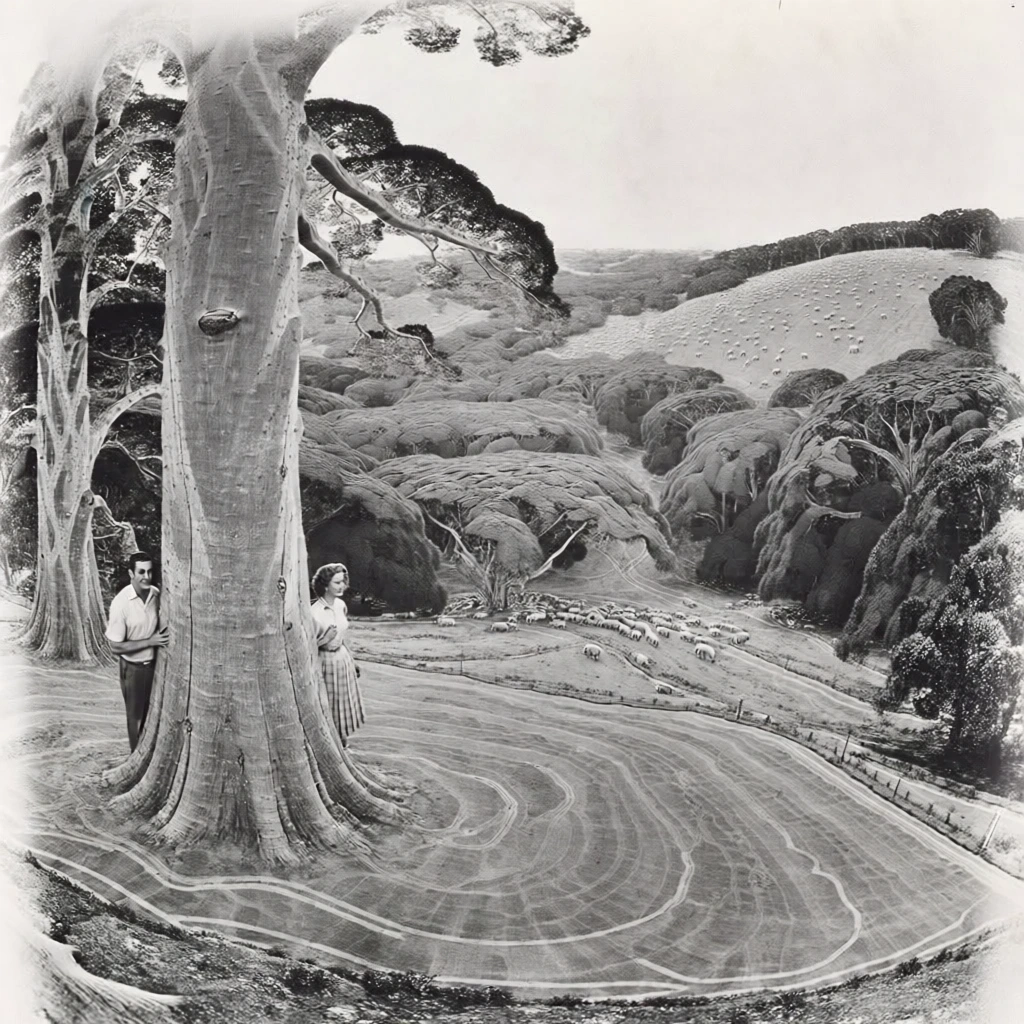 monochromatic archival film aesthetic, high contrast black and white, elevated perspective, two massive tree trunks in the left foreground, man partially hidden behind the larger trunk with a woman standing nearby, dense forest canopy filling the center and right, background flock of sheep grazing on a rolling slope under a hazy atmospheric sky, nostalgic mid-century documentary style, rich grain structure, sharp textures, wide-angle landscape composition, deep shadows, soft tonality.
