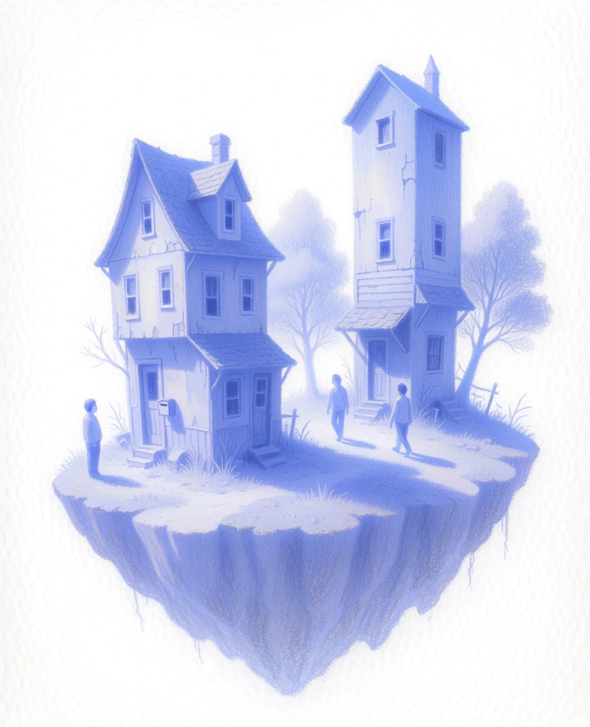 miniature floating island with two tall houses, three people, two trees, and birds, rendered in soft waxy colored pencil on heavy-tooth rag paper, high-key diffused lighting, silhouettes defined by monochromatic periwinkle-blue shadows, luminous off-white background, muted desaturated olive-green accents, grainy stippled textures, ethereal impressionism, hazy soft-focus edges, lack of hard outlines, minimalist composition, nostalgic atmospheric perspective, dreamlike stippled grain