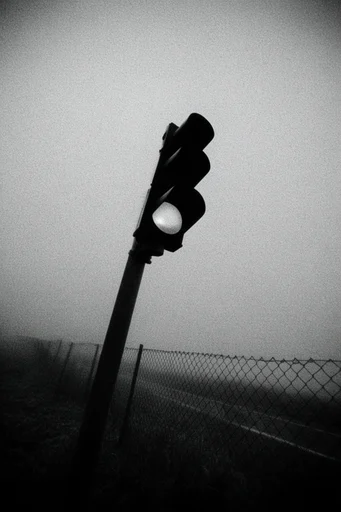 Monochrome Liminal Noir style reference image — heavy analog film grain
