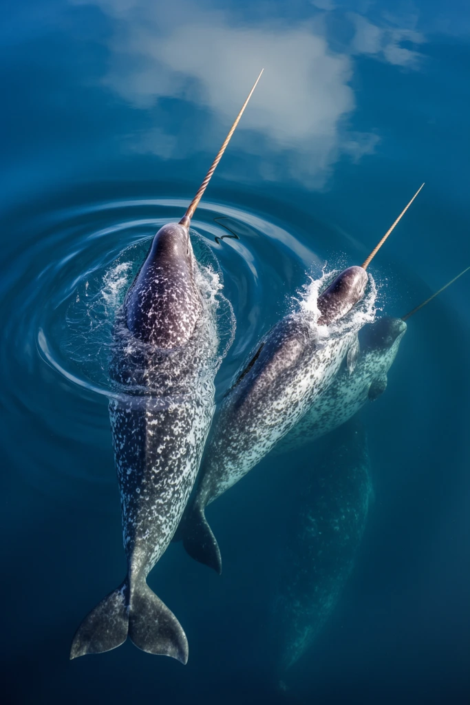 aerial top-down view of a pod of narwhals in deep vibrant blue ocean water, main adult narwhal displaying a long spiraled tusk, mottled grey and white skin, second narwhal swimming alongside breaking the surface with white splashes and circular ripples, third partially submerged narwhal with a shorter tusk visible beneath them, faint silhouette of a fourth narwhal deep underwater, smooth water surface with a subtle white cloud reflection, high contrast marine wildlife photography, natural lighting